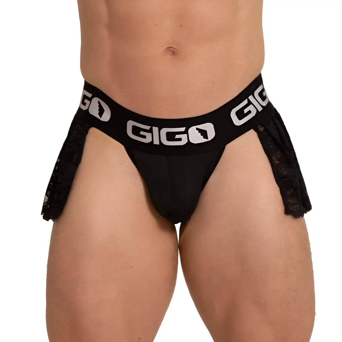 Black gigo brand briefs with lace trim on the sides featured in the gigo rosals jockskirt product image