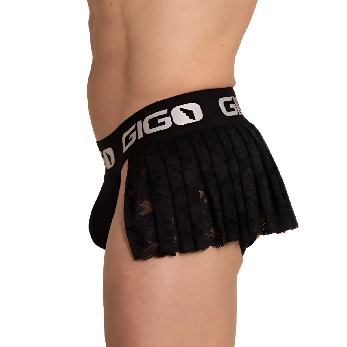 Black lace pleated briefs with a branded waistband shown from the back in gigo rosals jockskirt product image