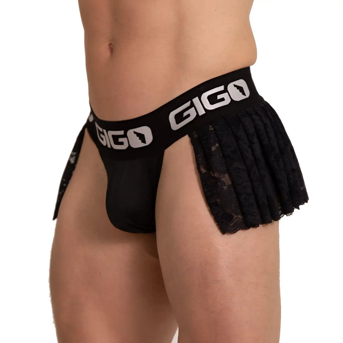 Black lace-trimmed gigo branded briefs with pleated skirt detail in the gigo rosals jockskirt product front view