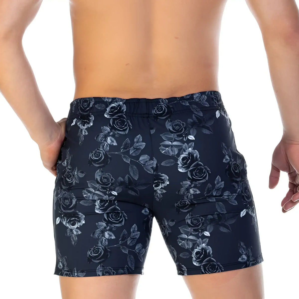 Dark navy gigo rose black beachwear swim trunks with elegant black rose and leaf pattern for stylish beachwear