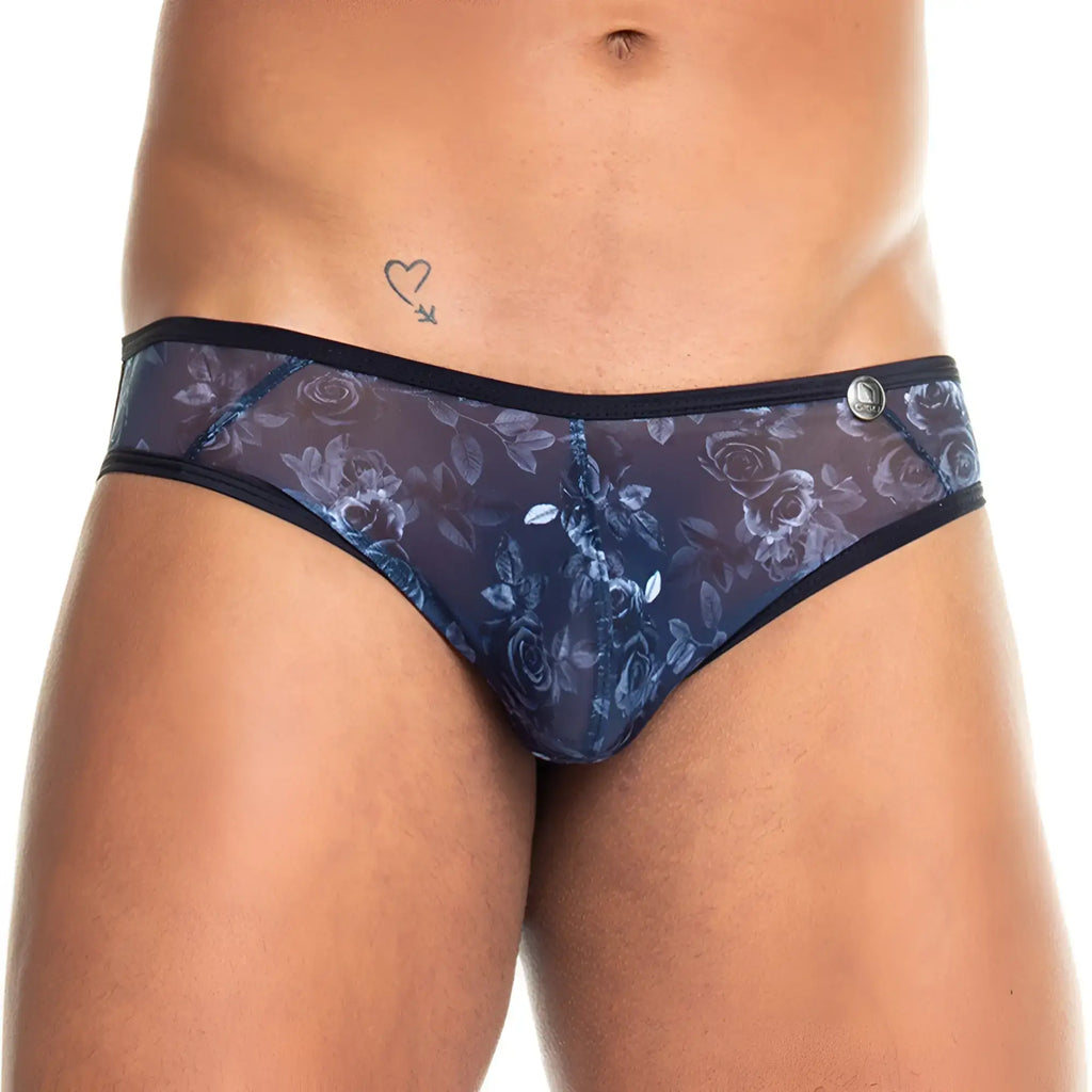 Gigo Rose black brief dark blue floral-patterned mesh with black trim and silver button closure front view