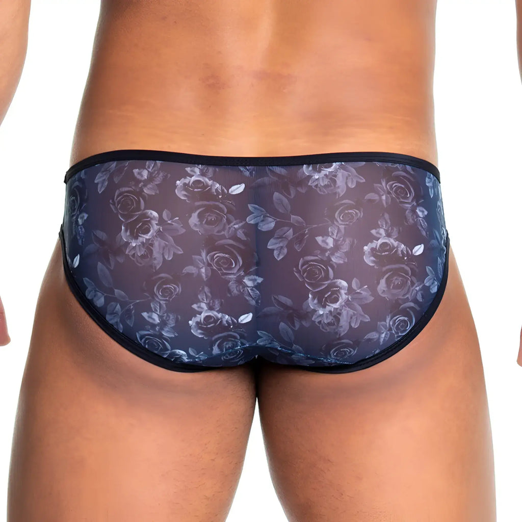 Dark blue sheer Gigo Rose Black brief with delicate rose and leaf pattern and black trim