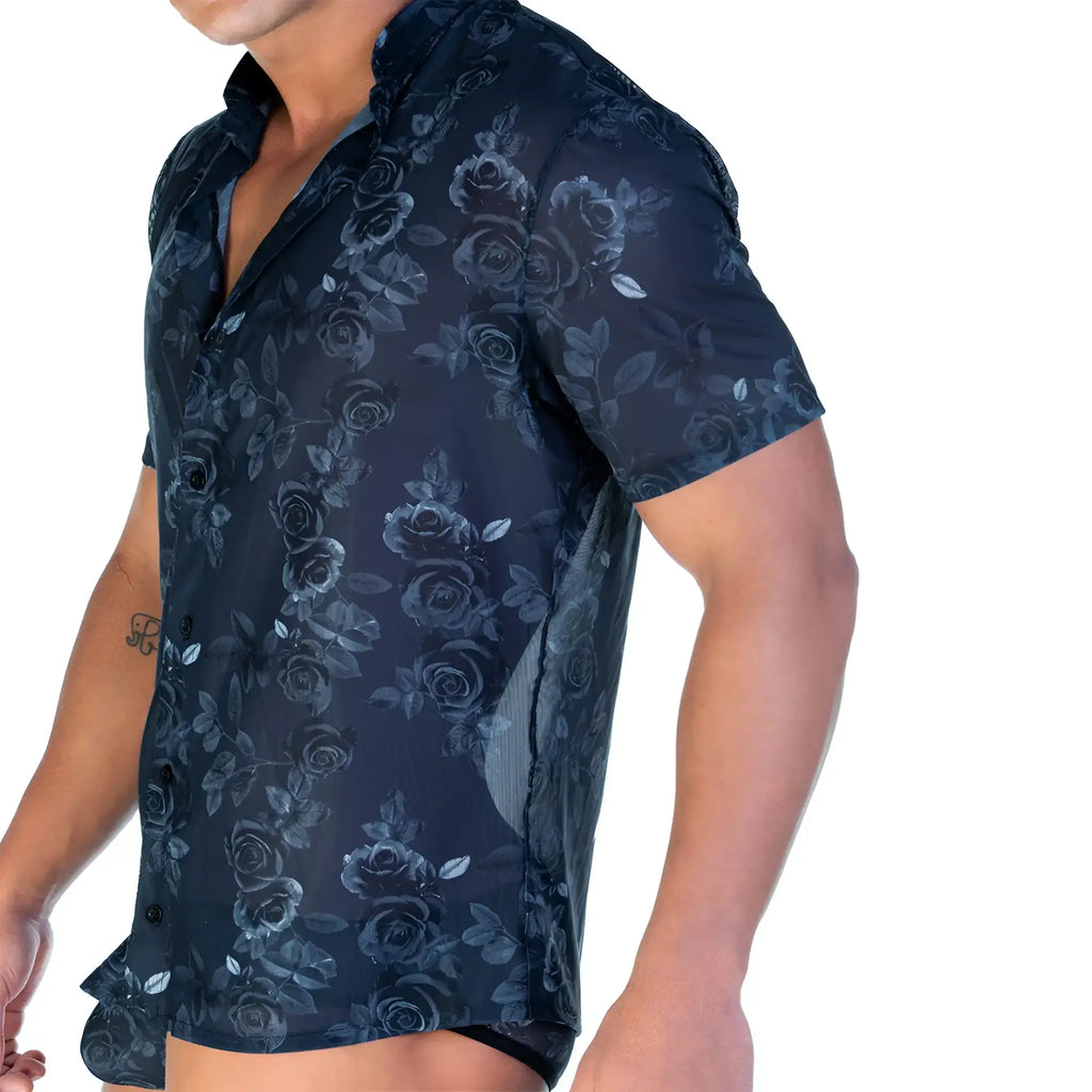 Dark blue sheer short-sleeved button-up shirt with subtle rose floral pattern gigo rose black shirt