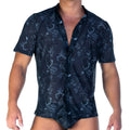 Dark blue short-sleeved button-up shirt with subtle rose and leaf pattern in the gigo rose black shirt style