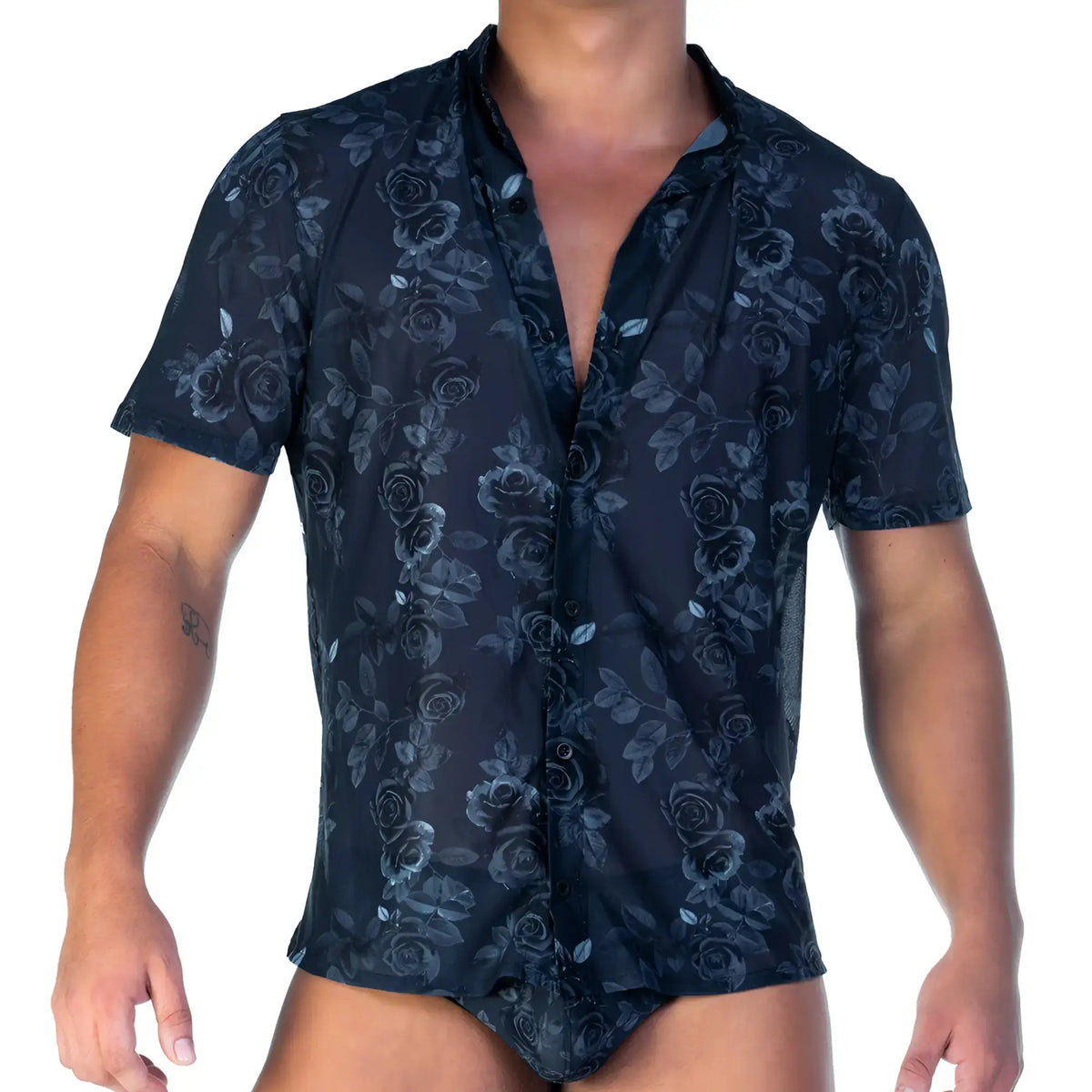 Dark blue short-sleeved button-up shirt with subtle rose and leaf pattern in the gigo rose black shirt style