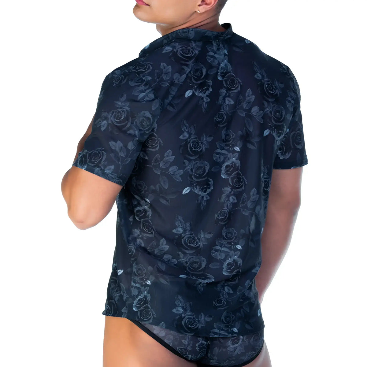 Dark blue short-sleeved gigo rose black shirt with subtle rose pattern ideal for casual wear