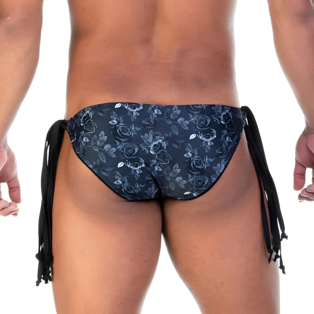 Gigo Rose Black swim brief featuring dark blue floral pattern and black side ties for stylish swimwear use