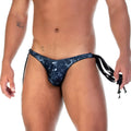 Dark blue floral pattern thong with black drawstrings gigo rose black swim brief back side view