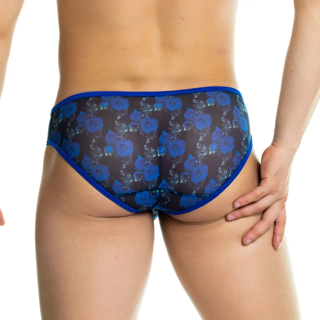 Gigo rose blue brief blue floral-patterned sheer menÃ¢â‚¬â„¢s briefs with solid blue waistband front view