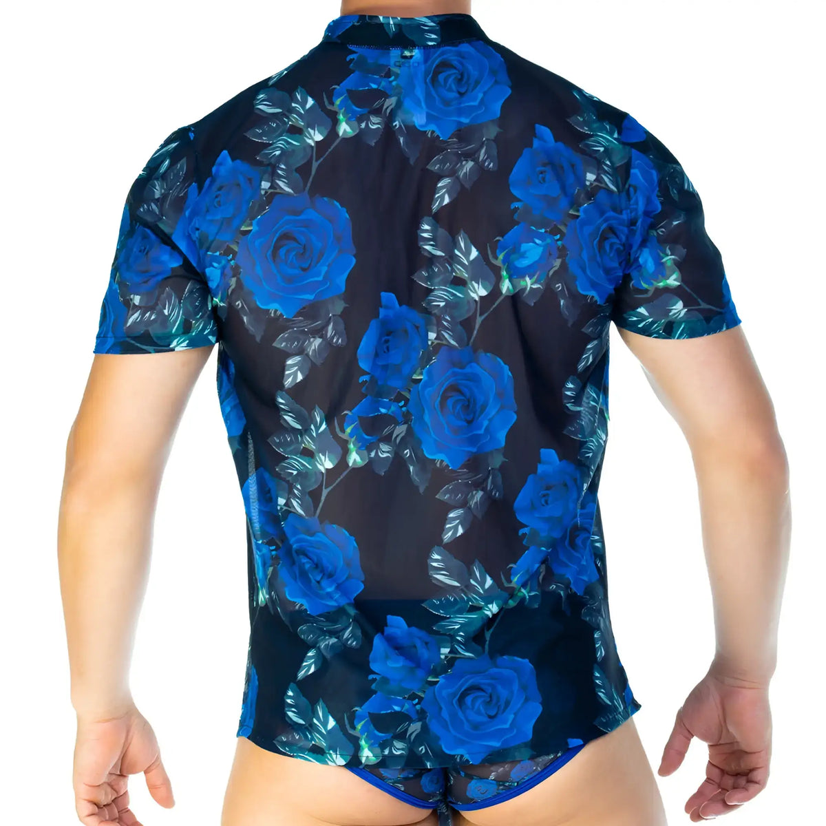 Gigo Rose blue shirt is a blue rose-patterned sheer short-sleeve shirt perfect for casual wear