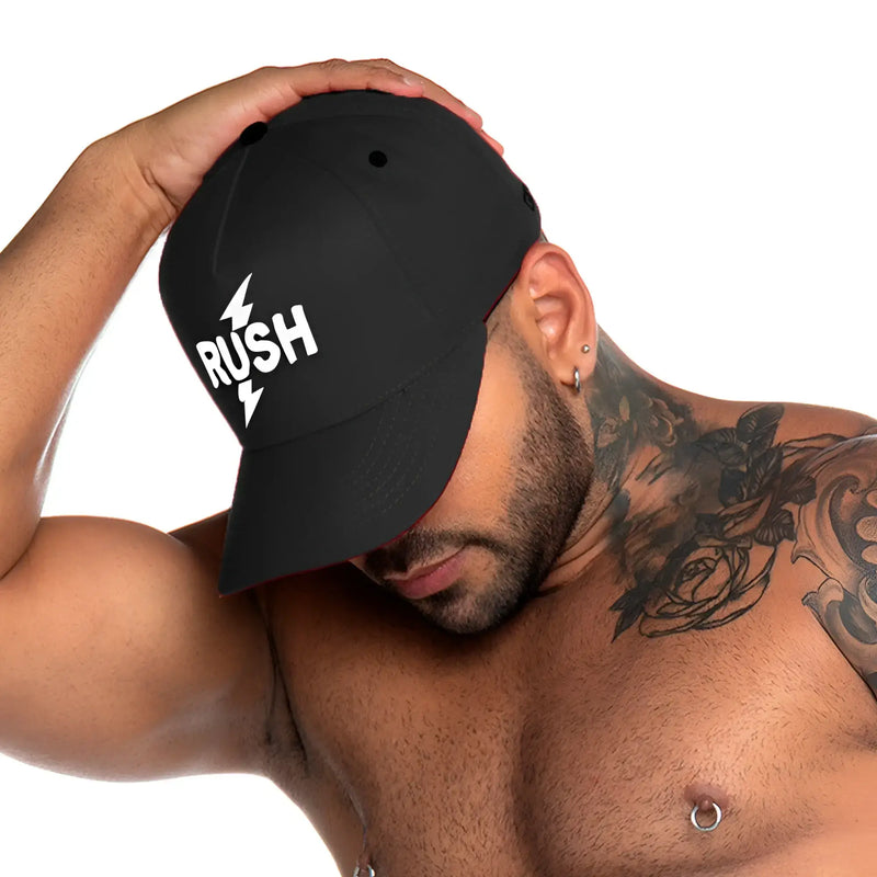 Black gigo rush baseball cap with white rush logo and lightning bolt design for casual wear