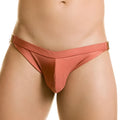 Coral-coloured gigo rush brown swim brief thong with smooth texture and gold-tone metal side clips visible from the front