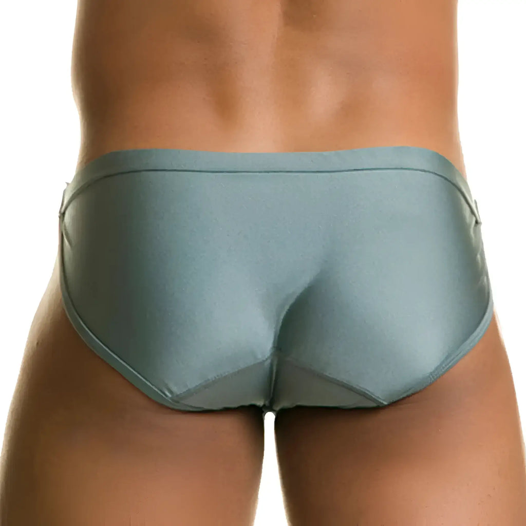 Gigo Rush gray swim brief in sleek light gray satin with a smooth glossy finish and subtle seam detailing