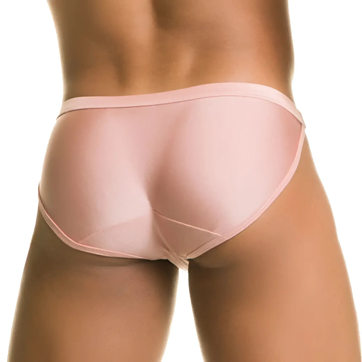 Pink satin gigo rush nude swim briefs with smooth glossy finish and seamless design front view