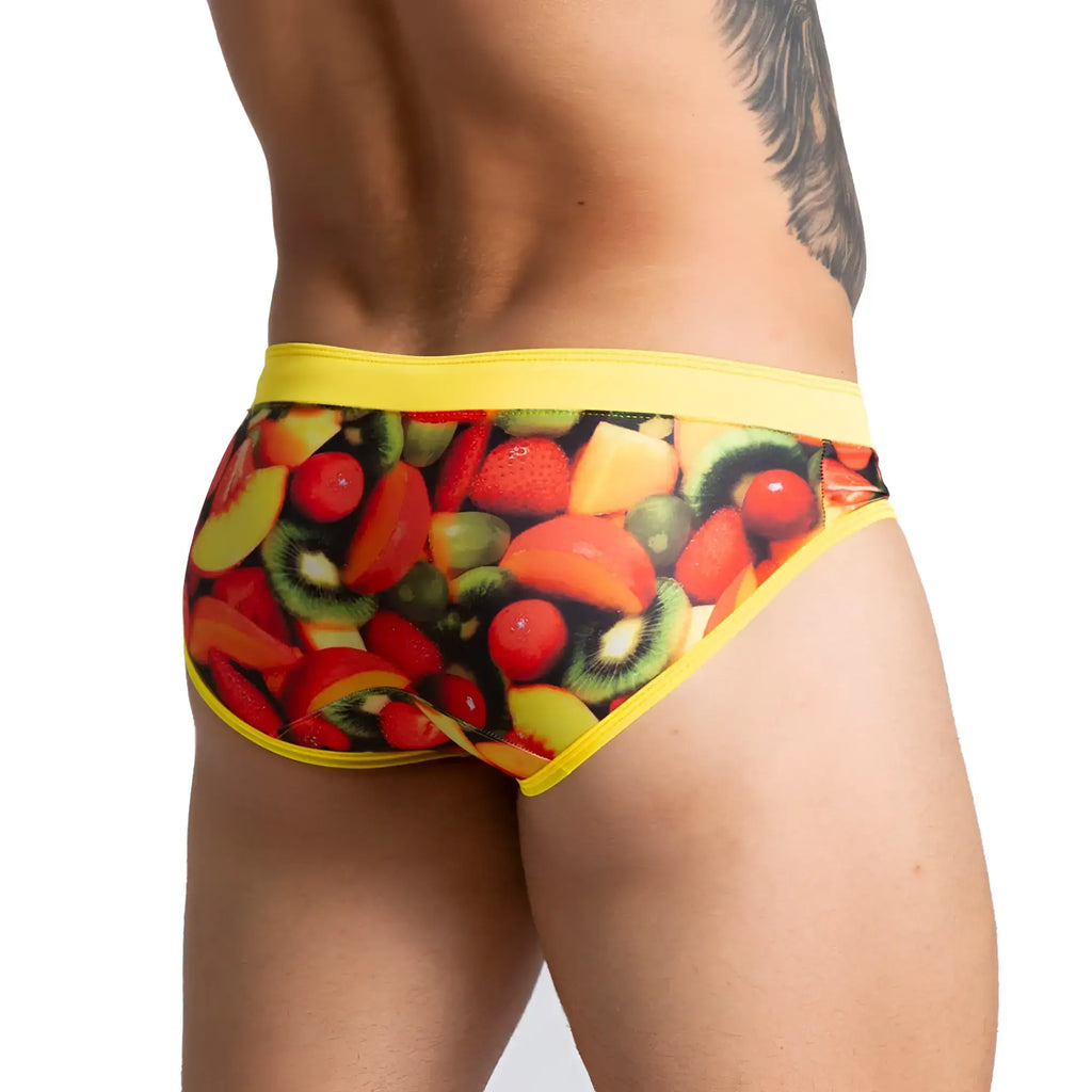 Gigo Salad swim brief menÃ¢â‚¬â„¢s briefs with bright yellow trim and colourful sliced fruit print for swimwear use