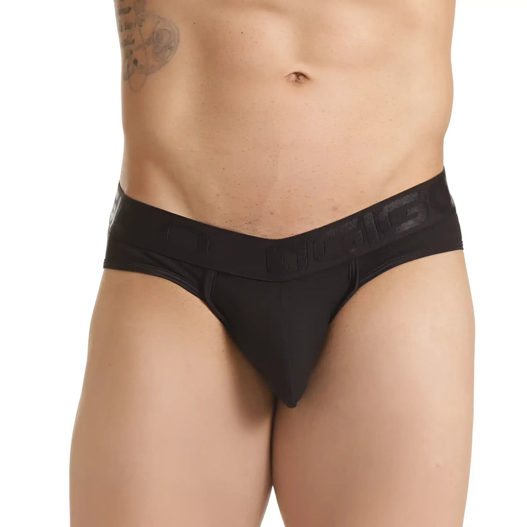 Black mens briefs with textured waistband featuring embossed lettering from gigo scanaling black brief jockstrap