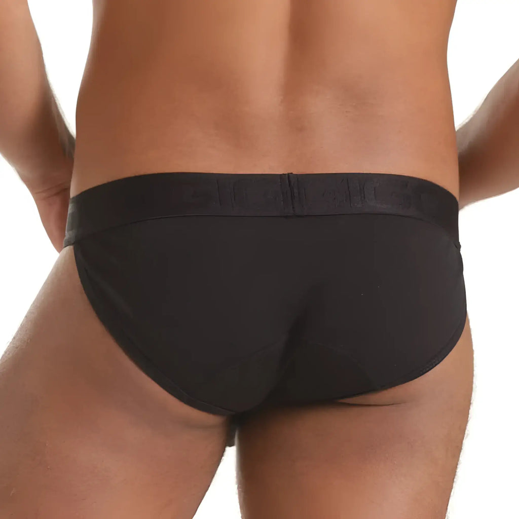 Black Gigo Scanaling briefs with smooth form-fitting fabric and elastic waistband with subtle embossed detailing