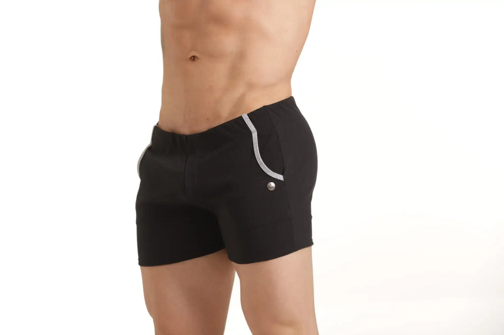 Gigo Scanaling black athletic shorts with silver trim and metallic button detail perfect for active wear