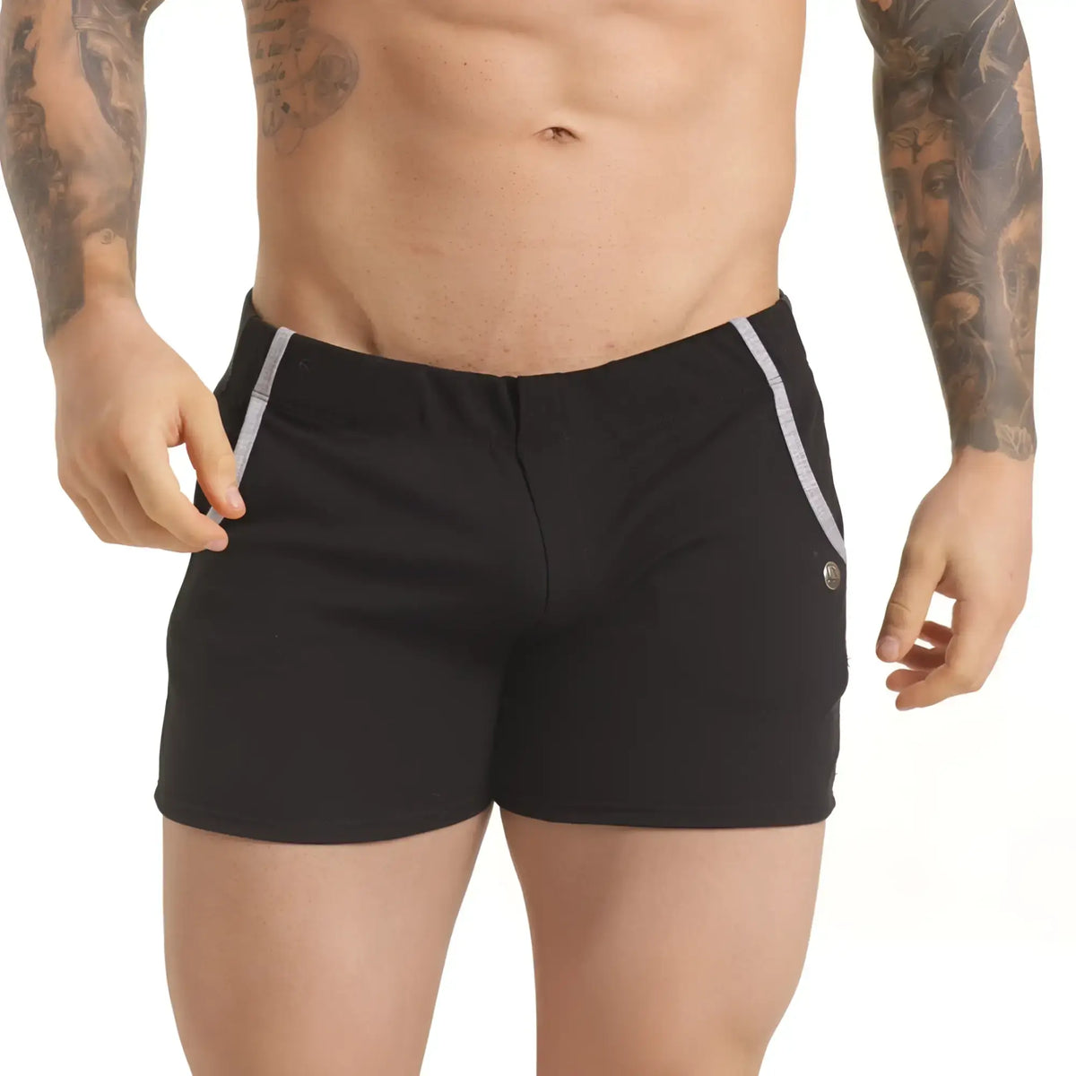 Gigo Scanaling black athletic shorts with silver side trim and a small metallic button on the right leg
