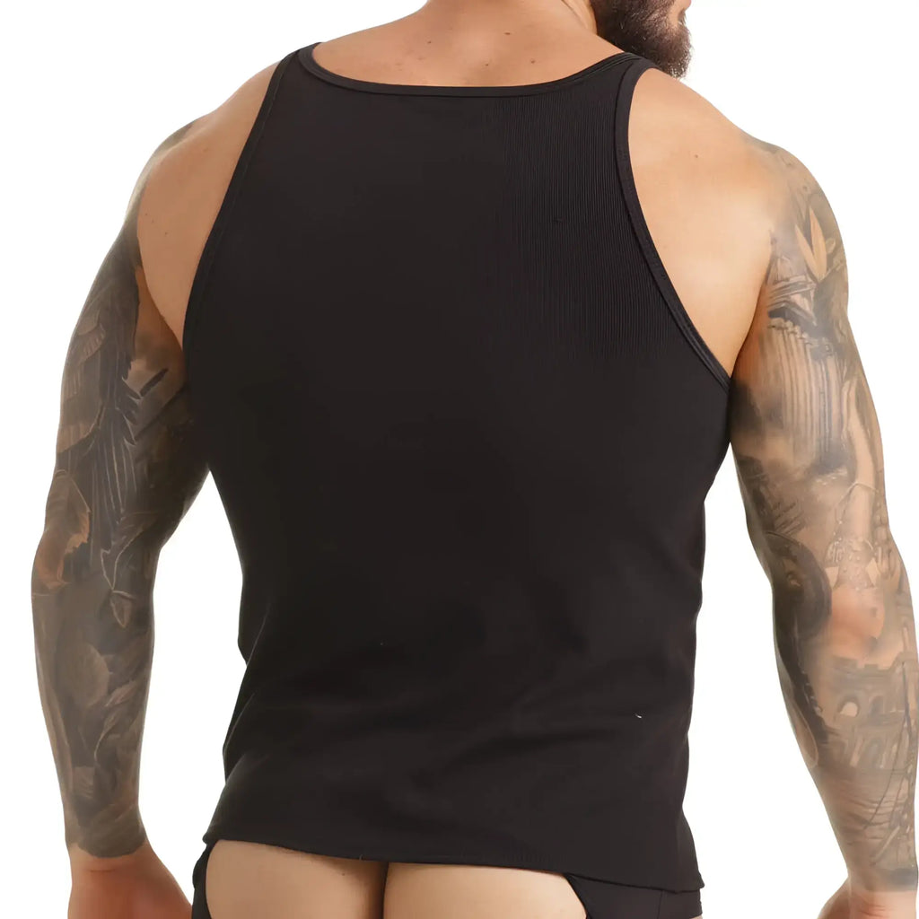 Gigo Scanaling black tank top made of ribbed fabric featuring a sleeveless design for casual wear