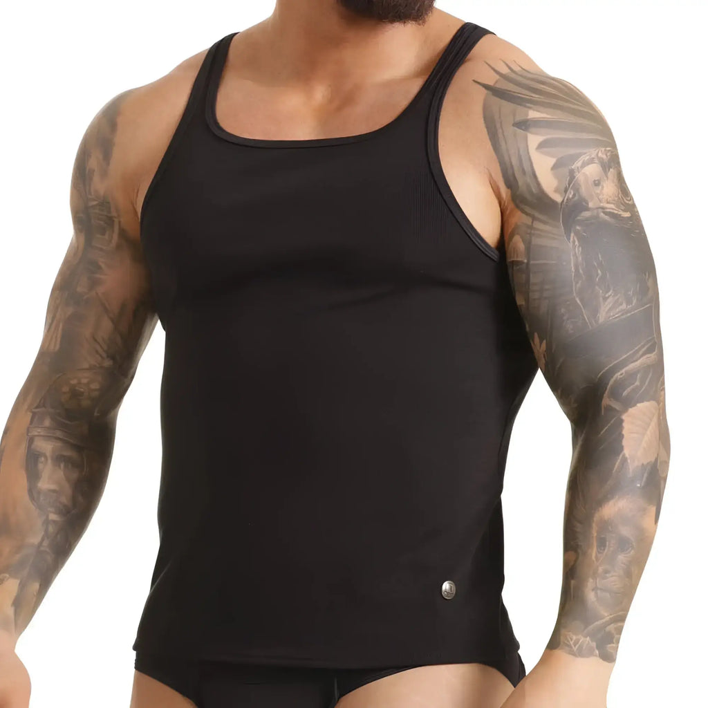 Gigo Scanaling black ribbed tank top with square neckline and thin straps made from soft fabric
