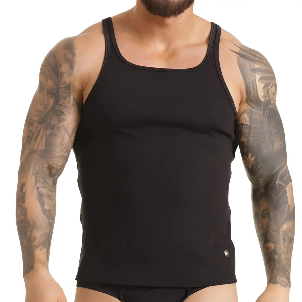Black ribbed tank top with square neckline and thin straps from Gigo Scanaling perfect for casual wear