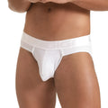 White gigo scanaling brief jockstrap with snug fit and elastic waistband embossed with brand name gigo