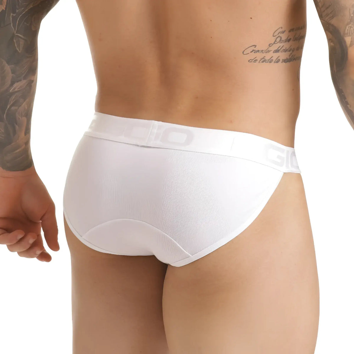 White Gio Scanaling briefs with ribbed texture and subtle gray logo trim designed for comfortable everyday wear