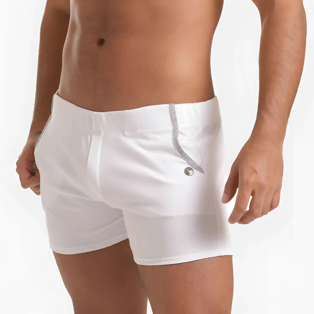 White menÃ¢â‚¬â„¢s swim trunks gigo scanaling with subtle ribbed texture and silver zipper detail