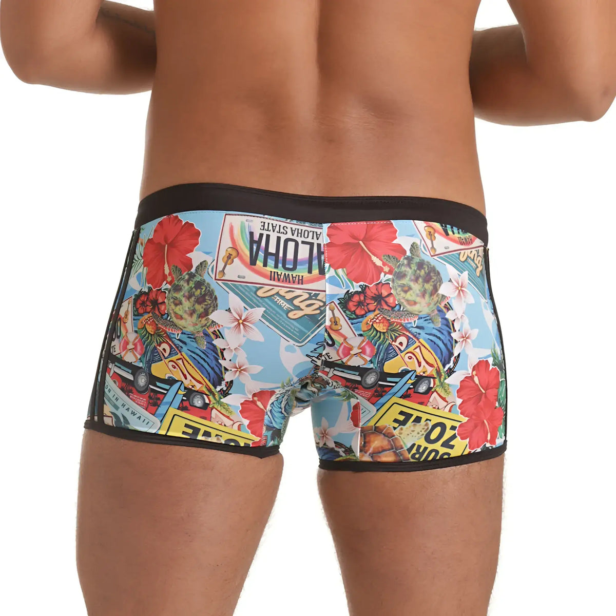 Gigo Seventies swim trunks featuring vibrant red hibiscus flowers vintage hawaiian plates and surfboards on light blue