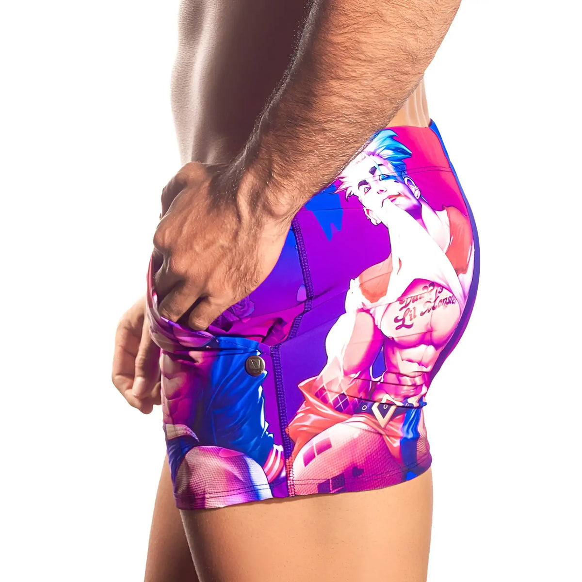 Vibrant gigo sexy men beachwear graphic shorts with blue hair anime character and pink accents on stretchy fabric