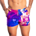 Gigo Sexy Men Beachwear vibrant two-tone pink and blue swim trunks with bold anime and skull motifs for casual beachwear