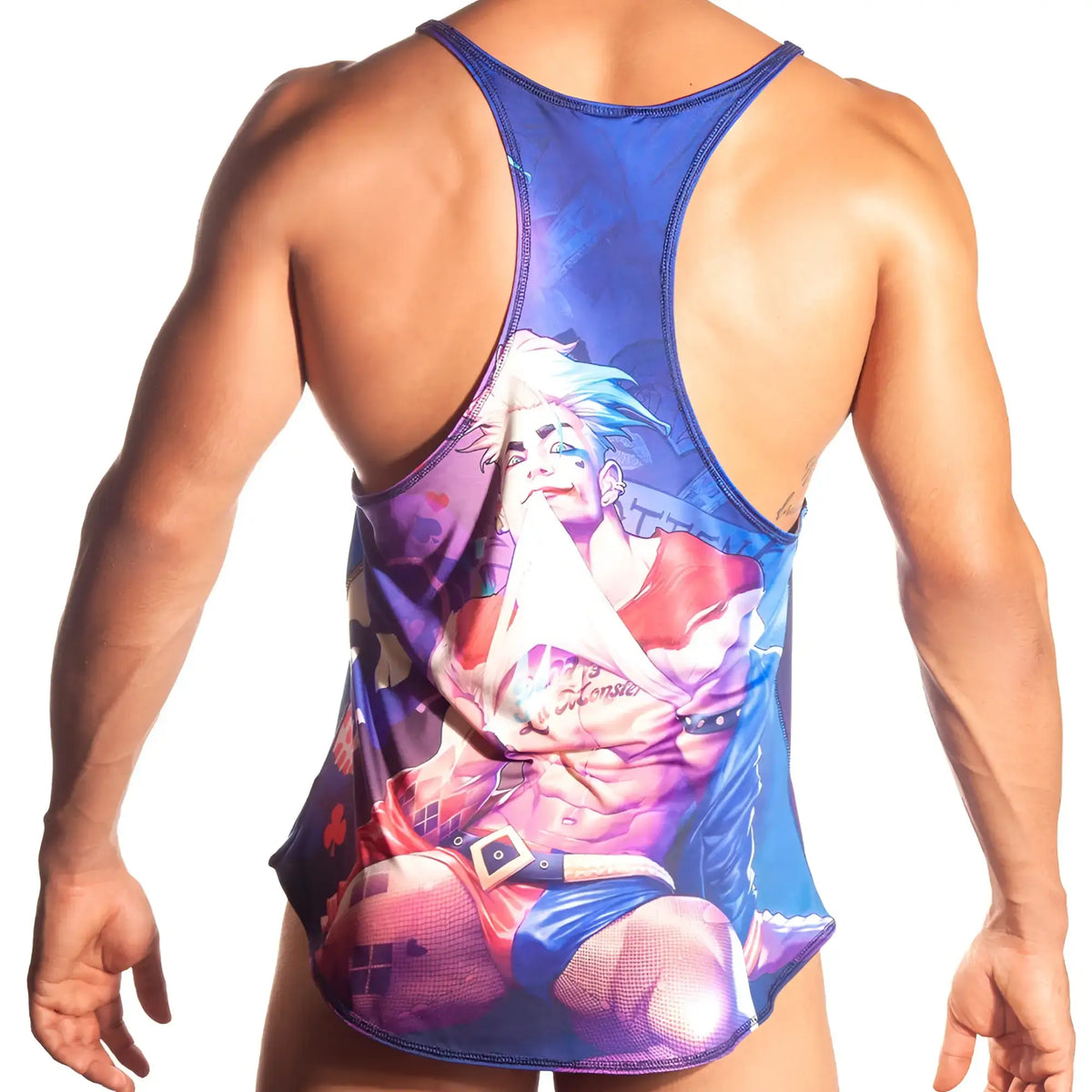 Gigo sexy men tank top in blue and purple with detailed joker illustration on graphic polyester fabric