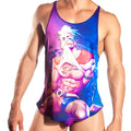 Gigo sexy men tank with vibrant purple and blue graphic featuring muscular cartoon with white hair