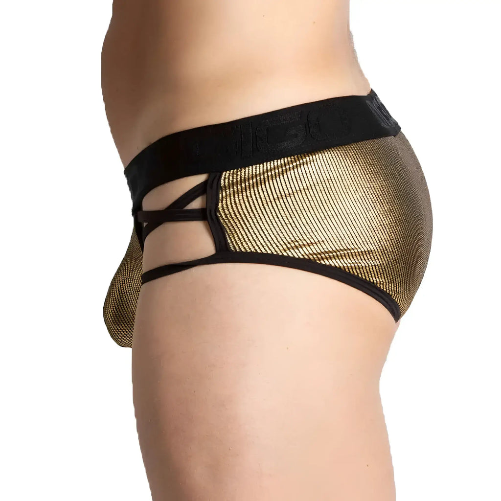 Gold mesh gigo shinese briefs with black elastic waistband and crisscross straps front view