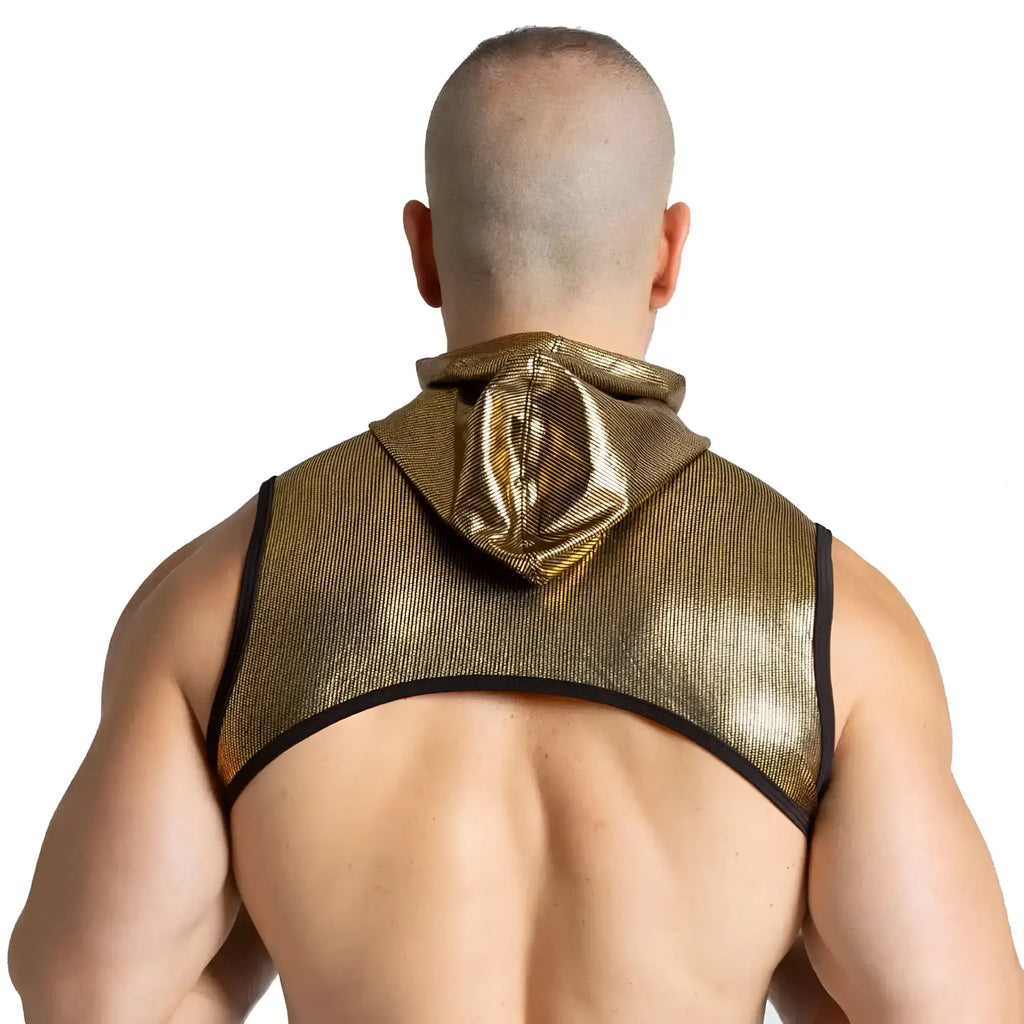 Gold metallic hooded vest with black trim from gigo shinese harness collection for stylish layering