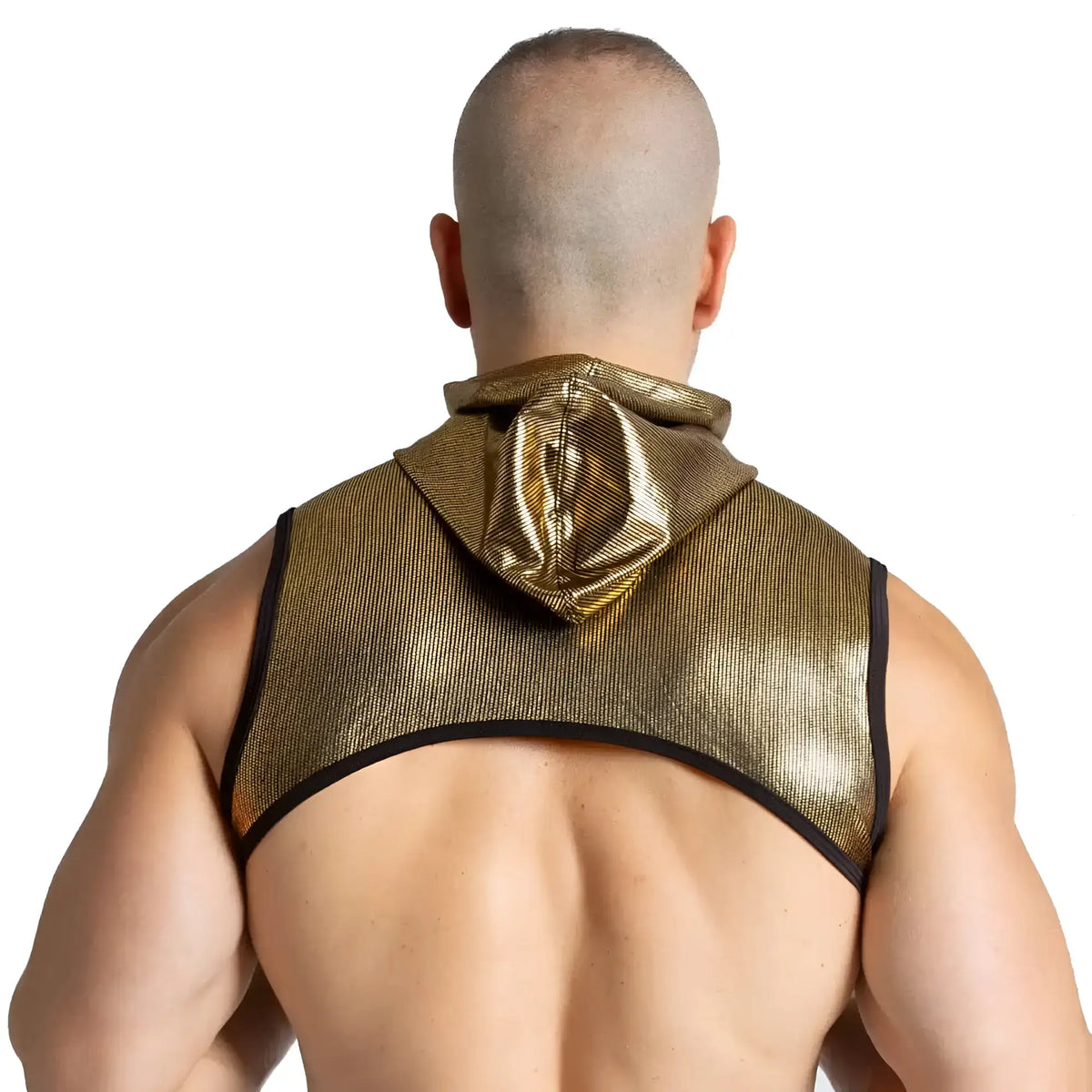 Gold metallic hooded vest with black trim from gigo shinese harness collection for stylish layering