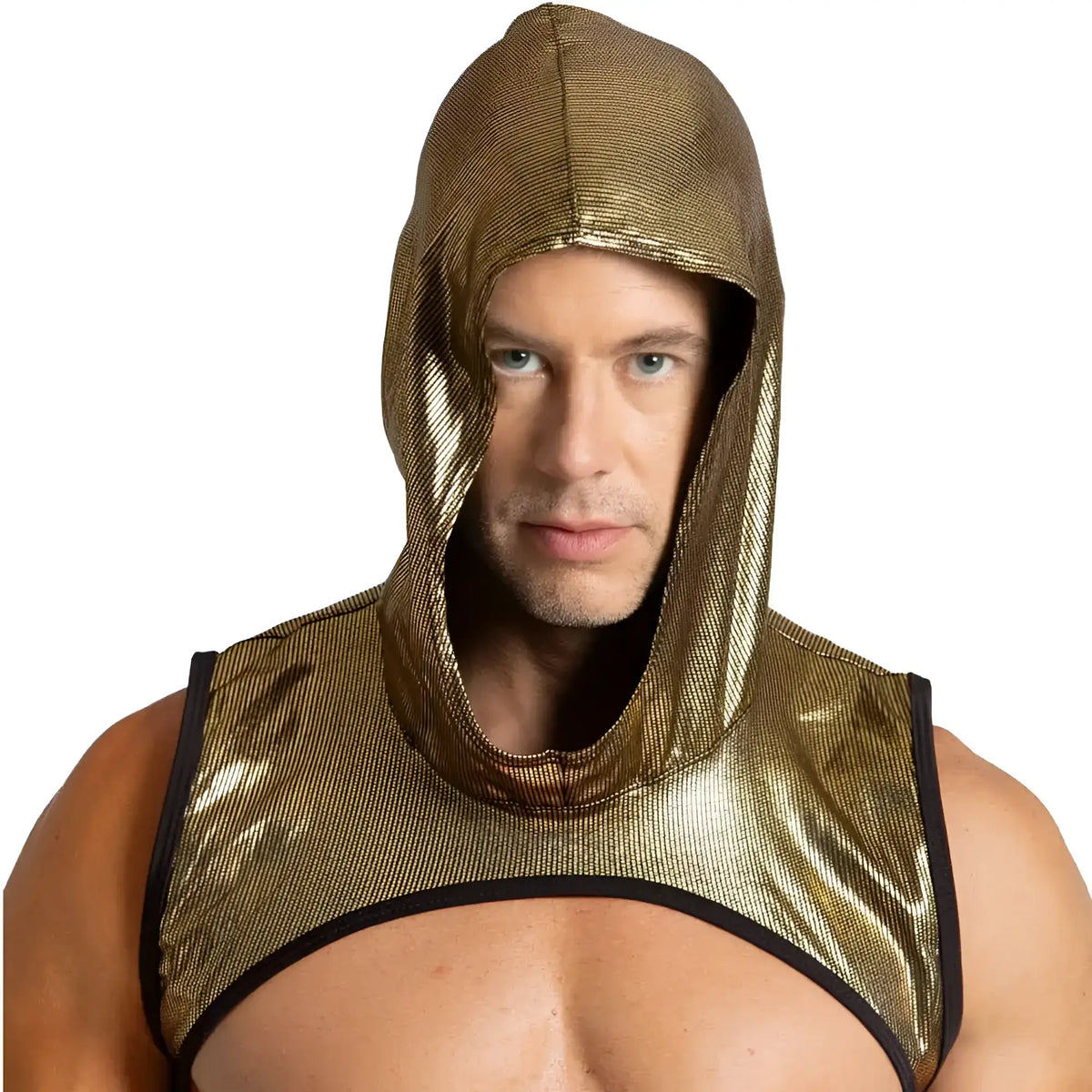Shiny gold metallic hooded top with black trim from gigo shinese harness collection shown from the back side