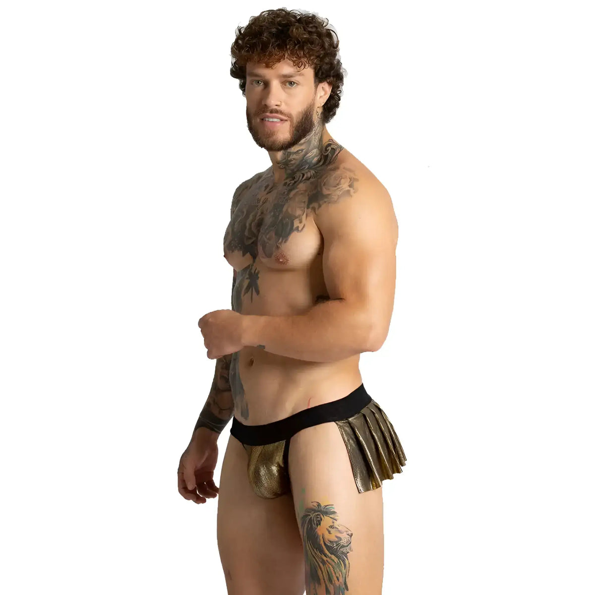 Gold metallic pleated briefs with a black waistband from gigo shinese jock designed for stylish comfort and support
