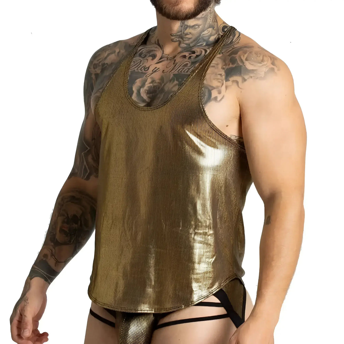 Gigo shinese tank shiny gold metallic ribbed tank top with racerback design showing the back side