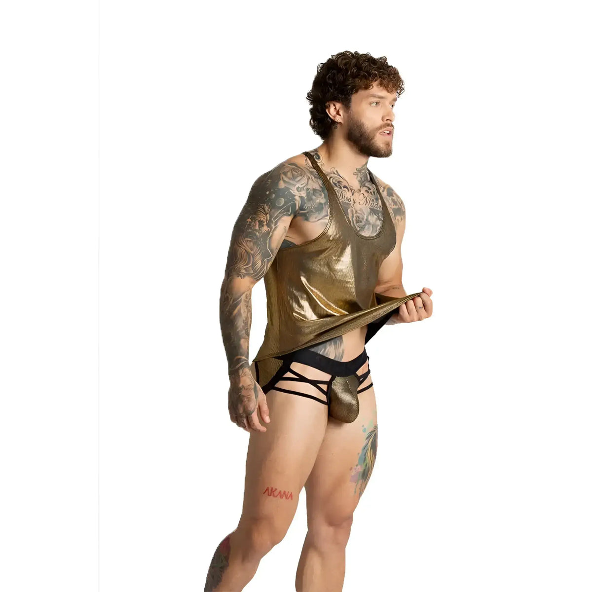 Gold metallic tank top with black trim and matching gold pouch-style brief in the Gigo Shinese Tank set