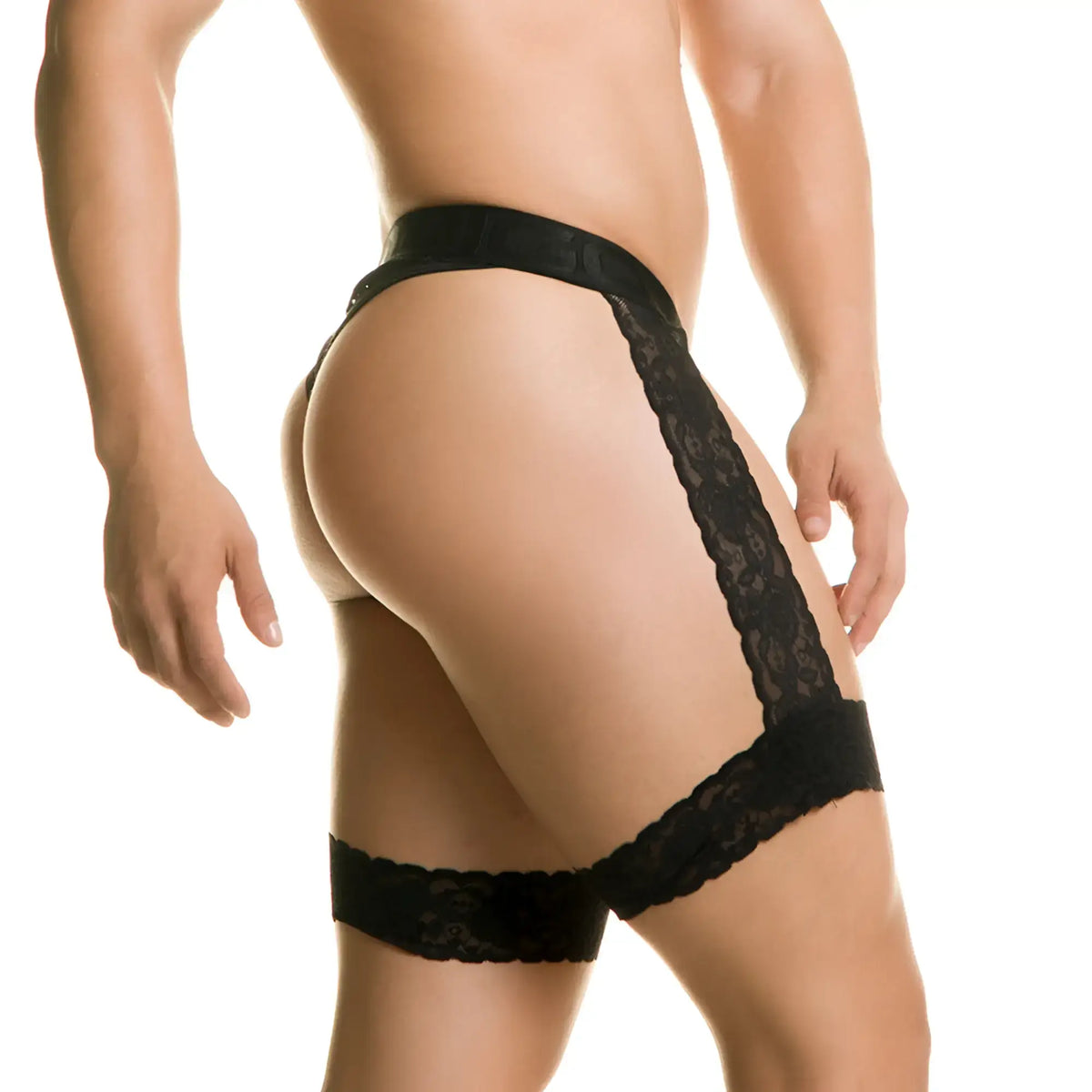 Black lace thigh-high garter belt with scalloped edges and matching strap from gigo sinner black gelbert belt collection