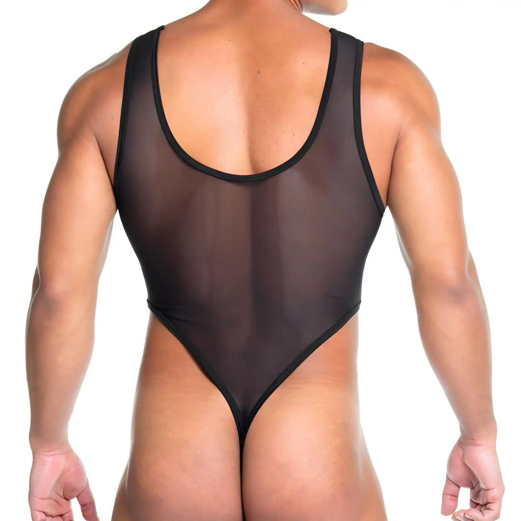 Black sheer mesh one-piece swimsuit with black trim from Gigo Skin black body collection