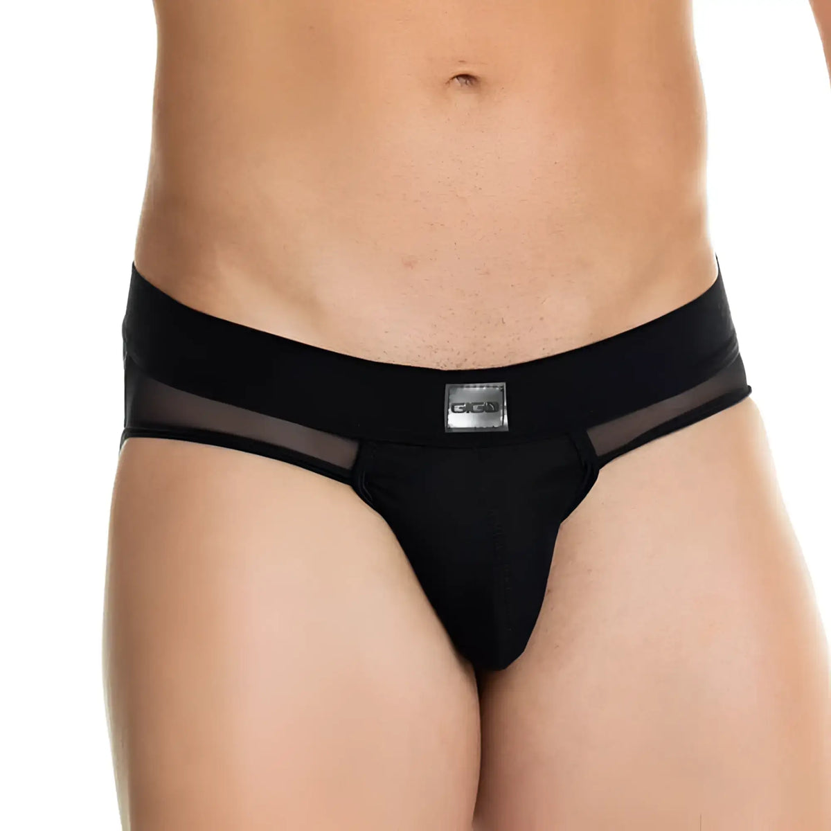 Black g-string briefs with a sheer mesh panel and silver logo tag from gigo skin black brief jockstrap collection