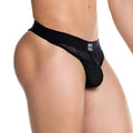 Black mesh thong gigo skin black gstring with solid fabric waistband and small silver brand tag visible in front view