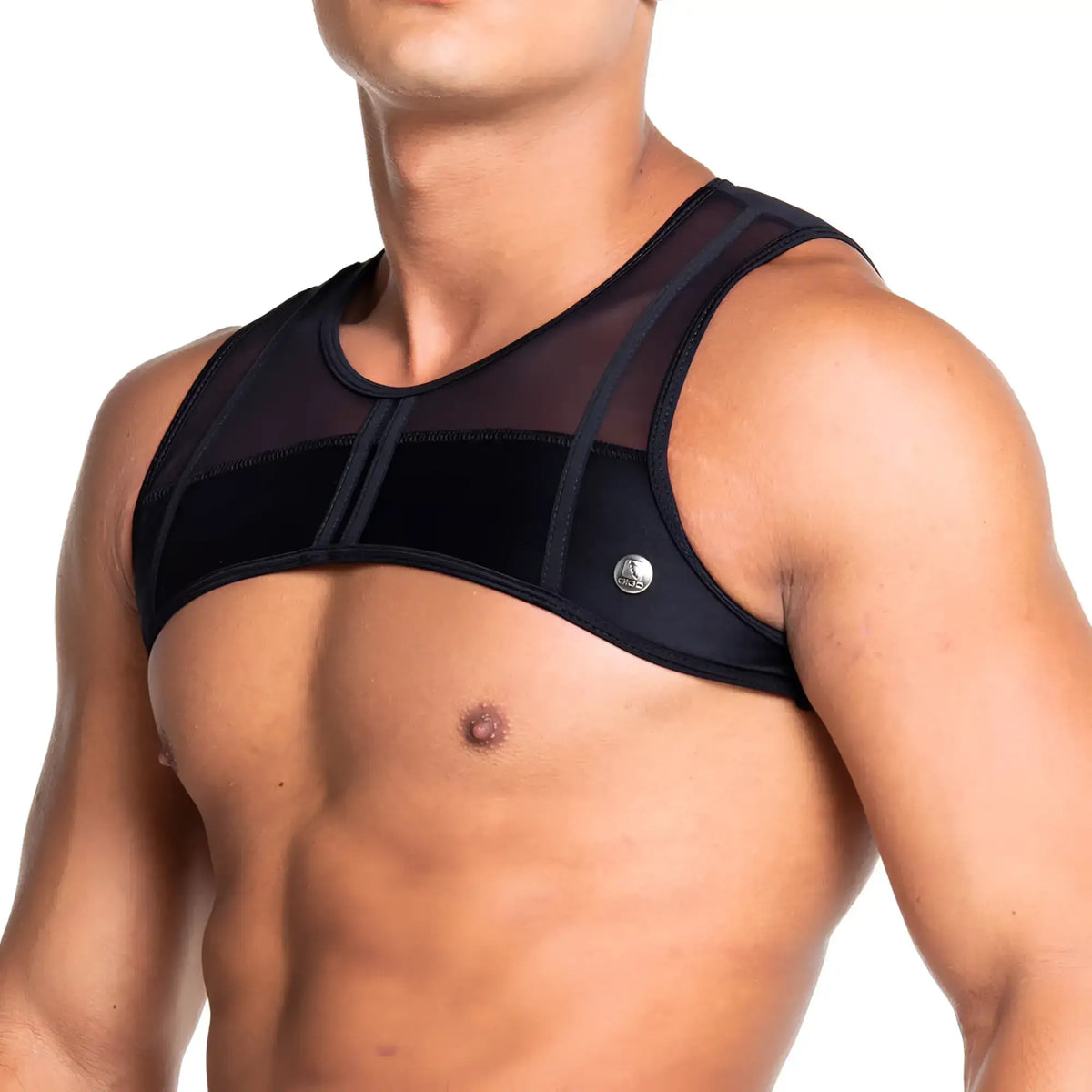 Black mesh and velvet sports bra with silver button closure from gigo skin black harness collection
