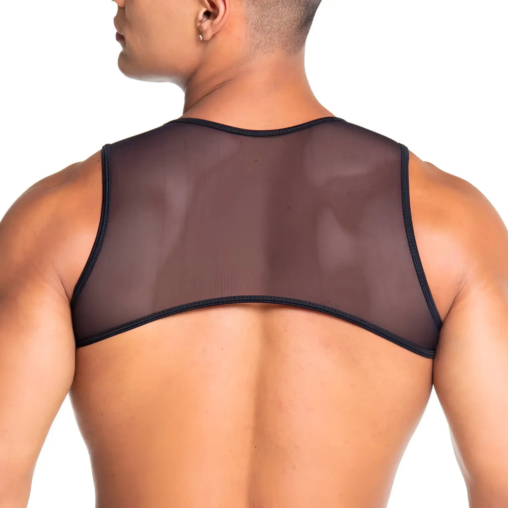 Back view of gigo skin black harness sheer mesh backless top with black trim and harness details