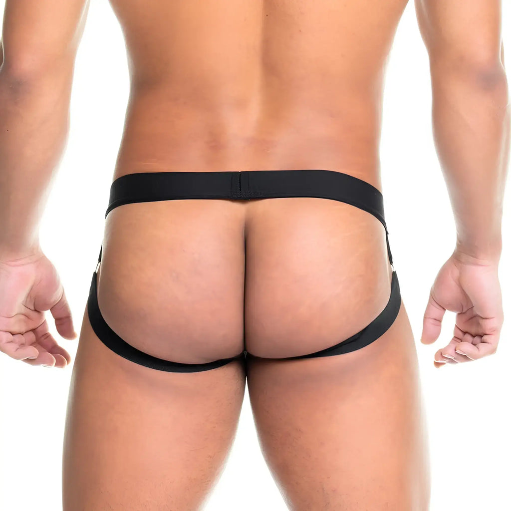 Black elastic briefs with sleek minimalist design shown from the back in gigo skin black jockstrap product