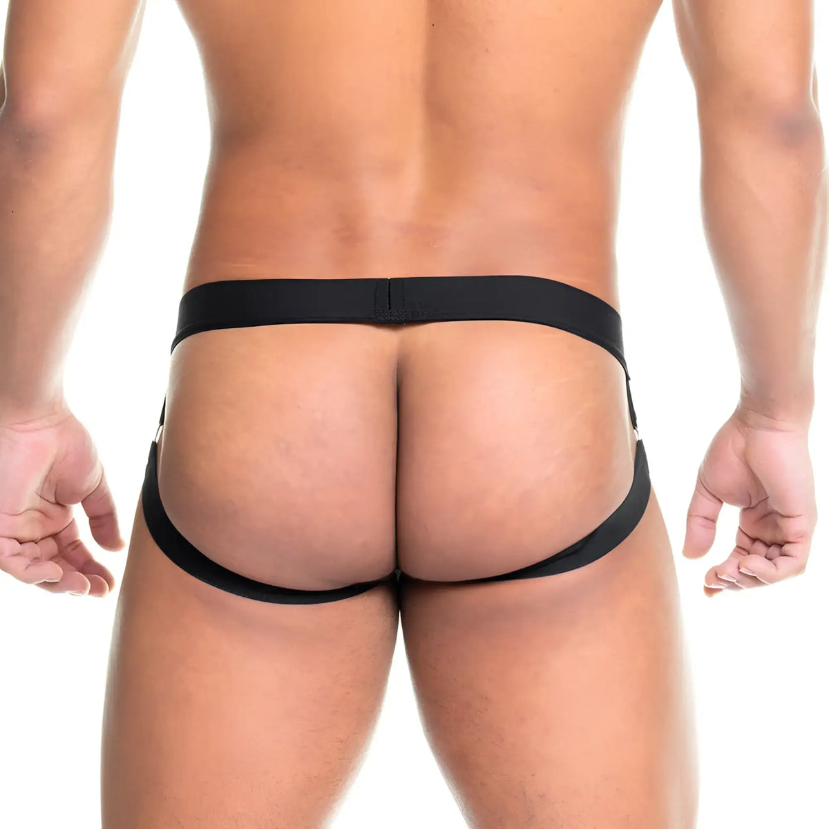 Black elastic briefs with sleek minimalist design shown from the back in gigo skin black jockstrap product