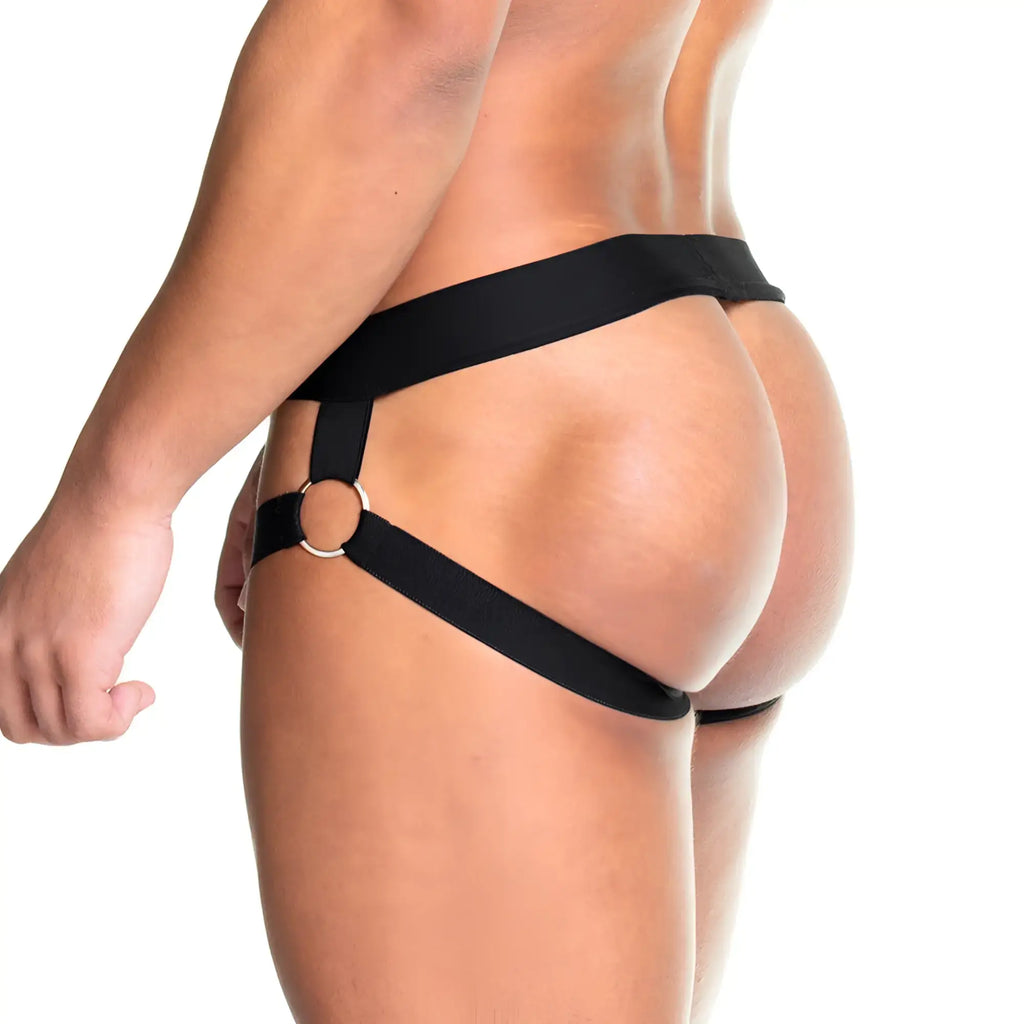 Black fabric harness with a metallic ring detail featured in the gigo skin black jockstrap product